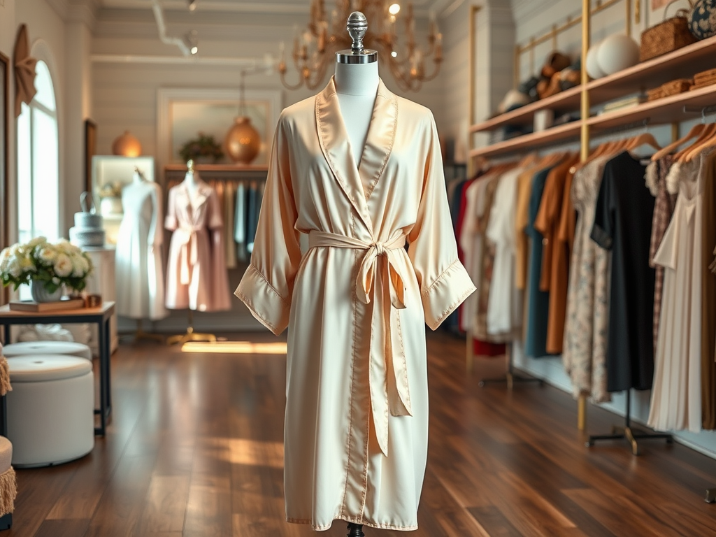 Une robe de chambre satinée beige sur un mannequin, entourée de vêtements colorés dans une boutique élégante.