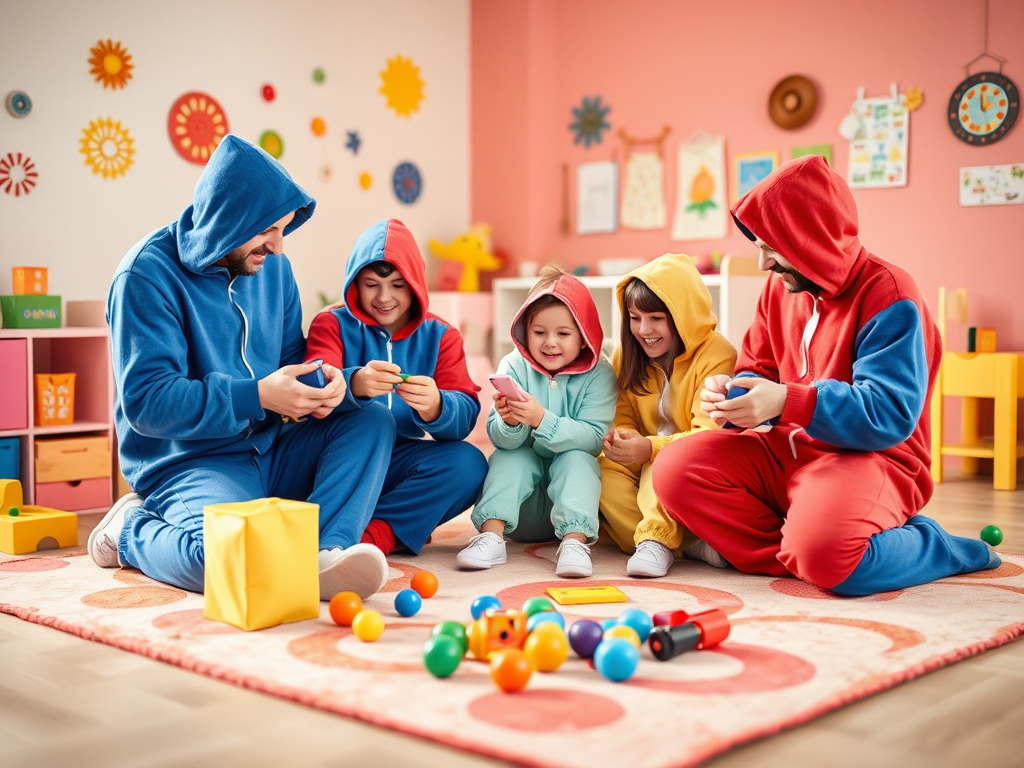 Un groupe d'enfants et un adulte jouent ensemble sur un tapis coloré dans une pièce de jeux joyeuse.