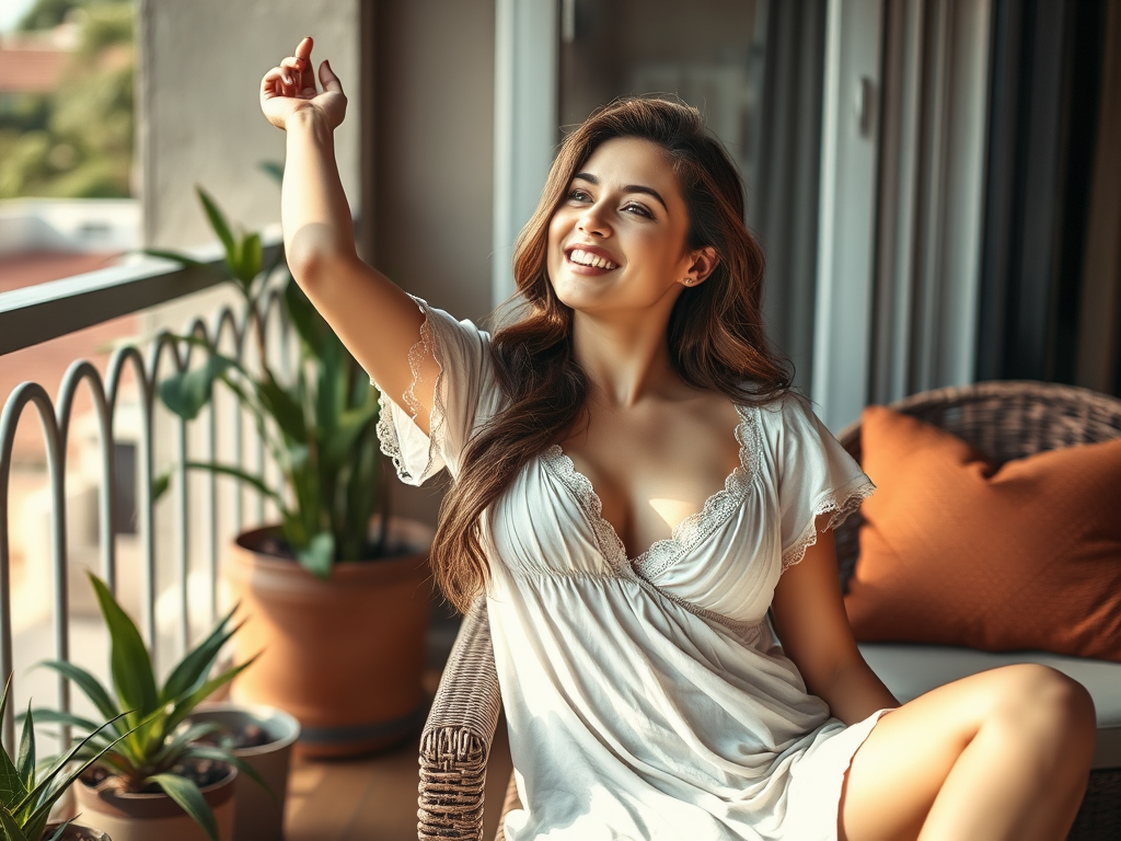 Une femme souriante s'asseoit sur un balcon, levant la main tout en profitant d'une belle journée ensoleillée.