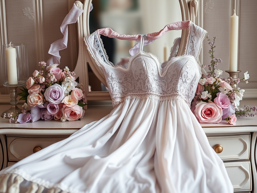 Une robe blanche délicate posée sur une coiffeuse, entourée de fleurs roses et de bougies.