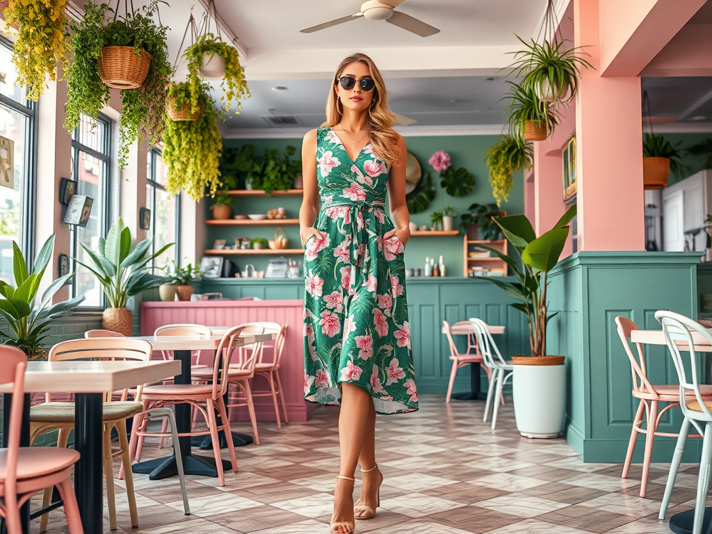 Une femme en robe verte à fleurs se tient dans un café lumineux avec des plantes et une décoration colorée.