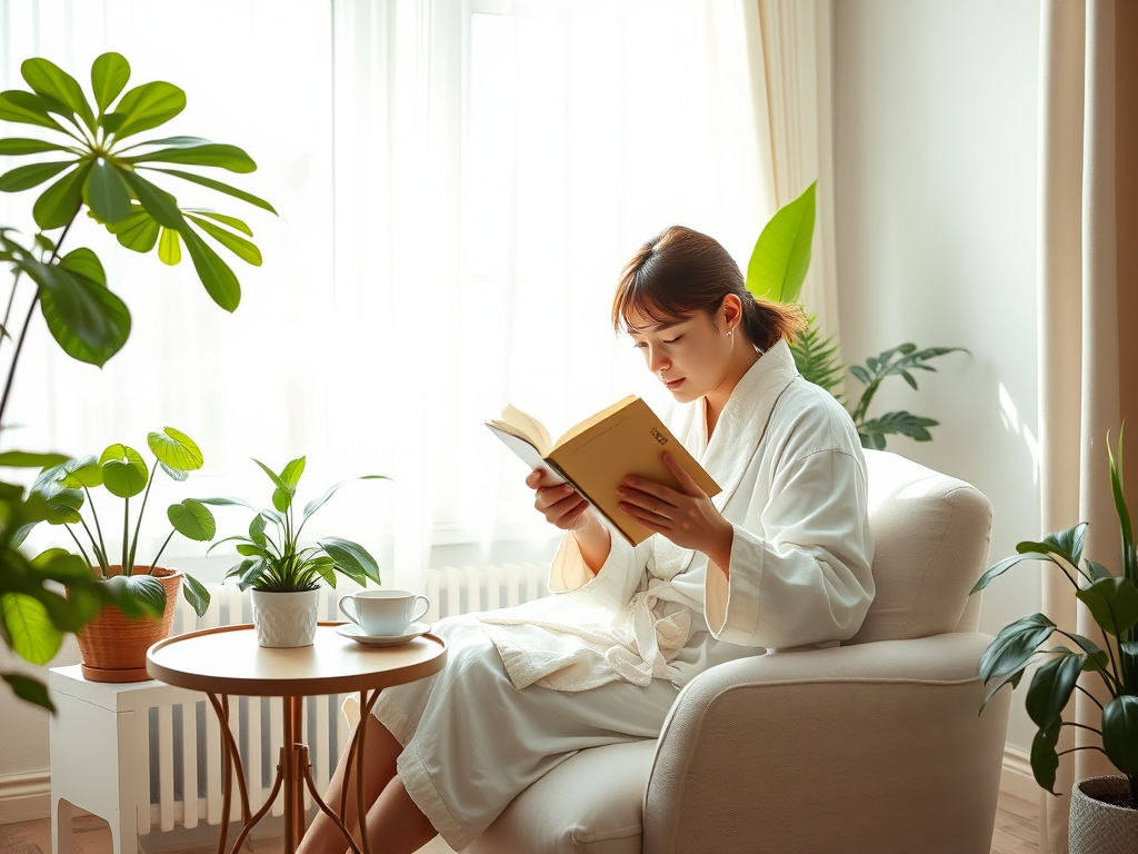 Une femme en peignoir lit un livre dans un salon lumineux, entourée de plantes et d'une tasse de thé.