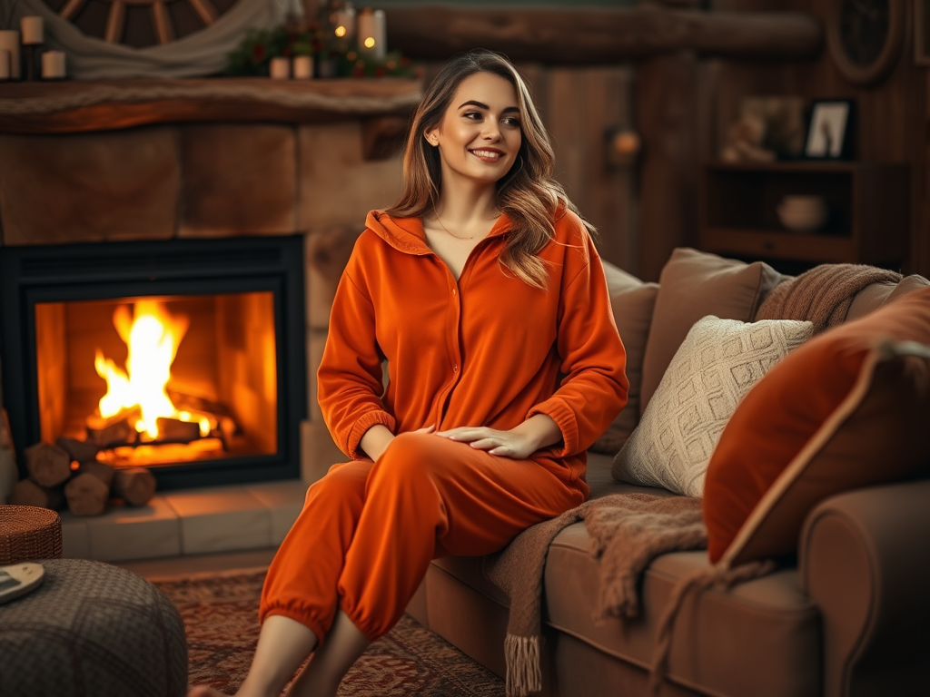 Une femme souriante en combinaison orange se détend près d'un feu de cheminée dans un environnement chaleureux.