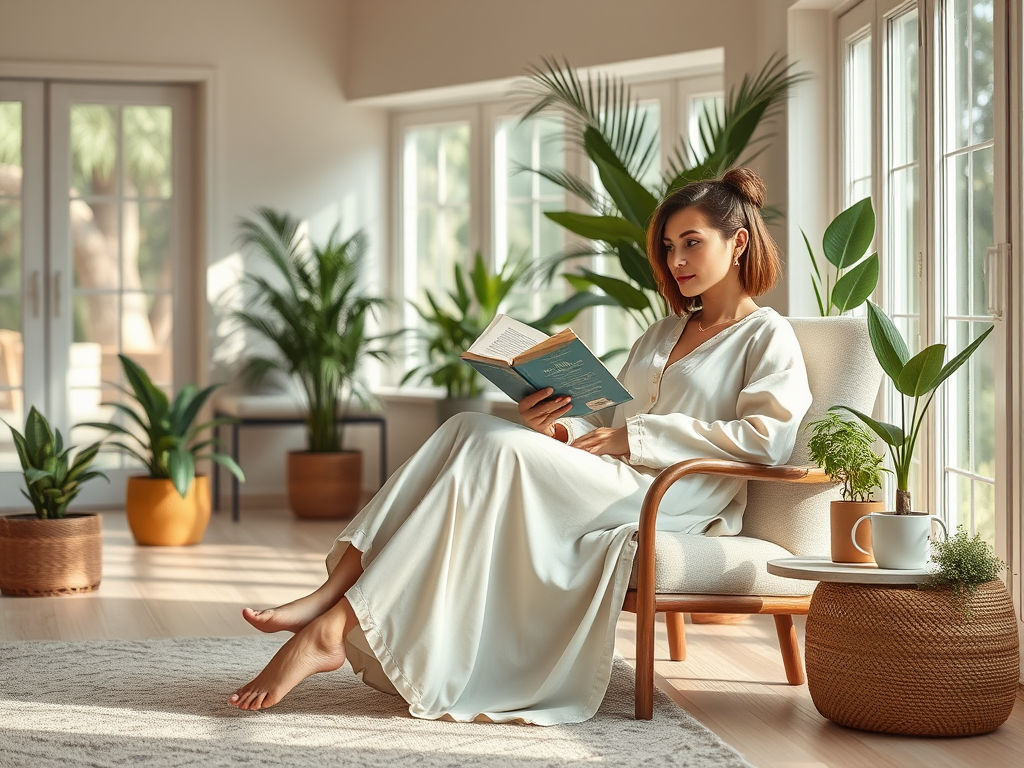 Une femme lit un livre dans un intérieur lumineux, entourée de plantes et d'une décoration minimaliste.