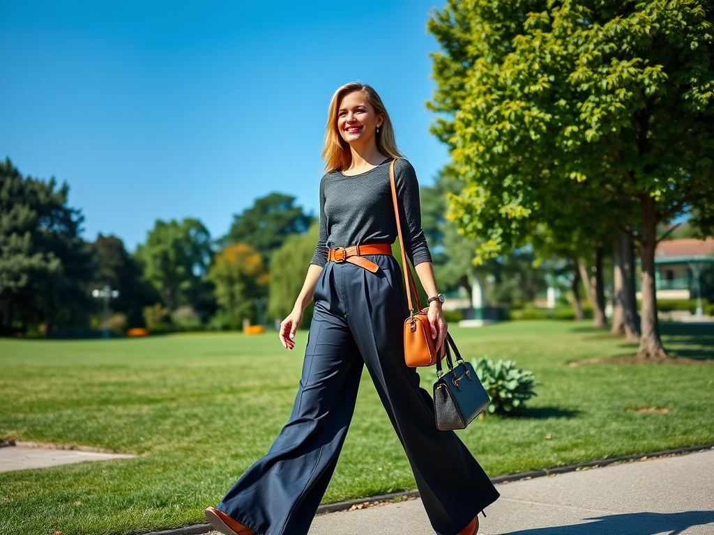 Une femme souriante marche dans un parc en portant un haut gris et un pantalon large, avec des sacs à main.