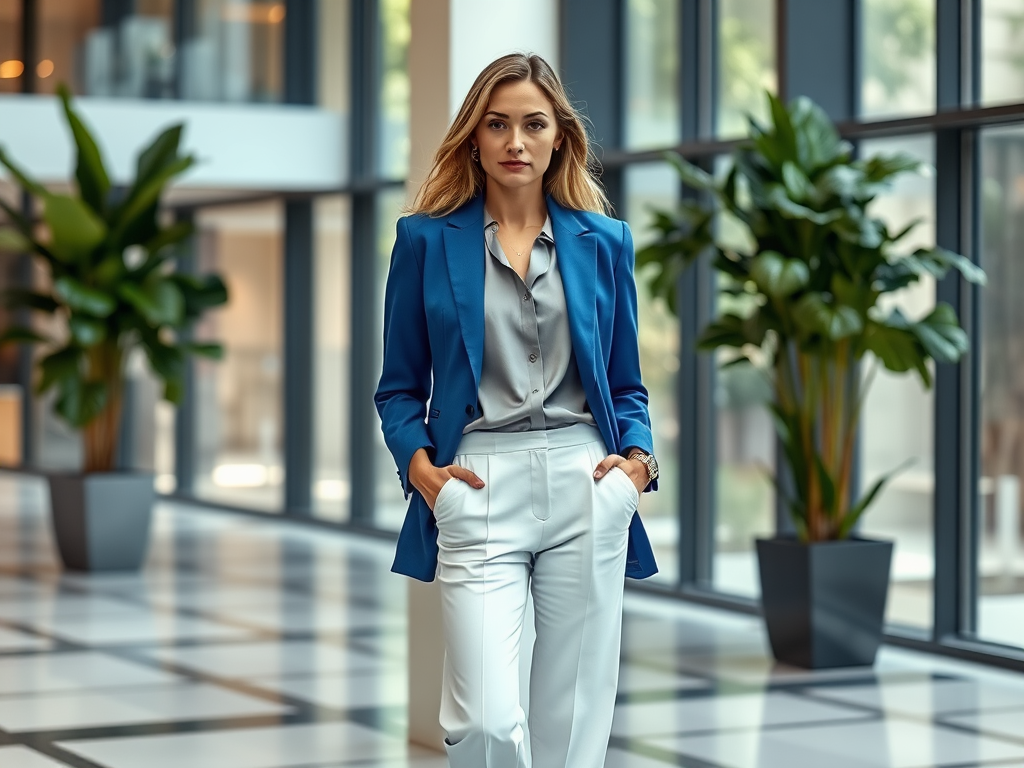 Une femme élégante en blazer bleu marche dans un hall lumineux, entourée de plantes vertes.