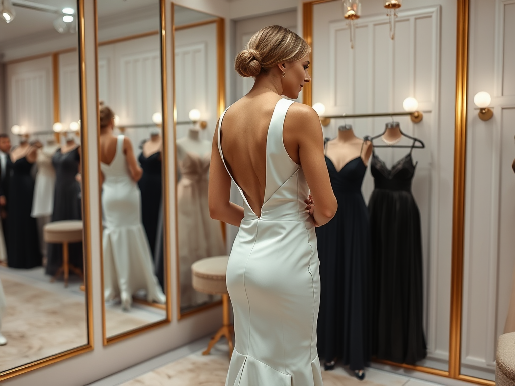 Une femme en robe blanche se regarde dans le miroir, entourée de robes noires dans une boutique élégante.