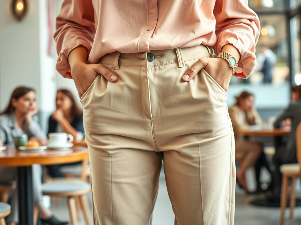 Une femme portant une chemise rose et un pantalon beige, mains dans les poches, entourée de personnes dans un café.