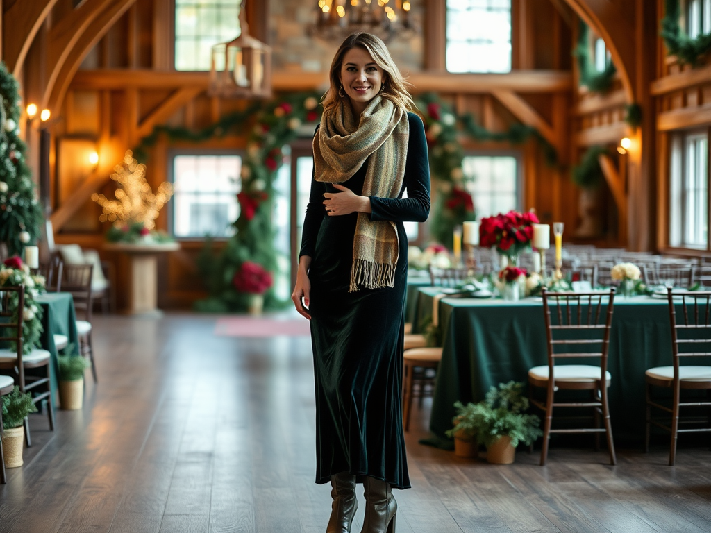 Une femme souriante porte une robe noire et une écharpe dans une salle décorée pour les fêtes.