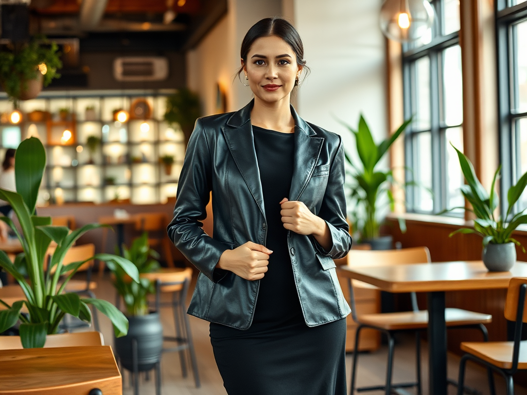 Une femme élégante porte un blazer en cuir noir, souriant dans un café moderne avec des plantes.