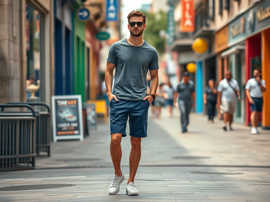 Un jeune homme en t-shirt et shorts marche dans une rue animée, entouré de passants et de boutiques colorées.