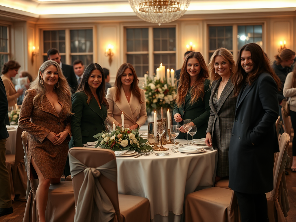 Un groupe de six personnes souriantes pose autour d'une table élégante lors d'un événement festif.