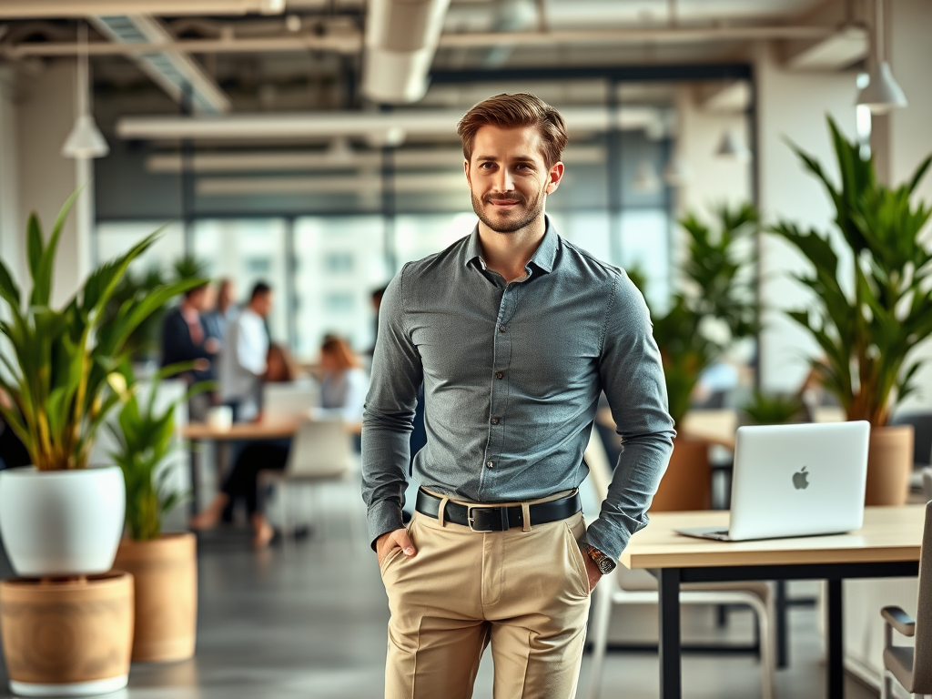 Un homme souriant en chemise bleue se tient dans un bureau moderne, entouré de plantes et d'un ordinateur portable.