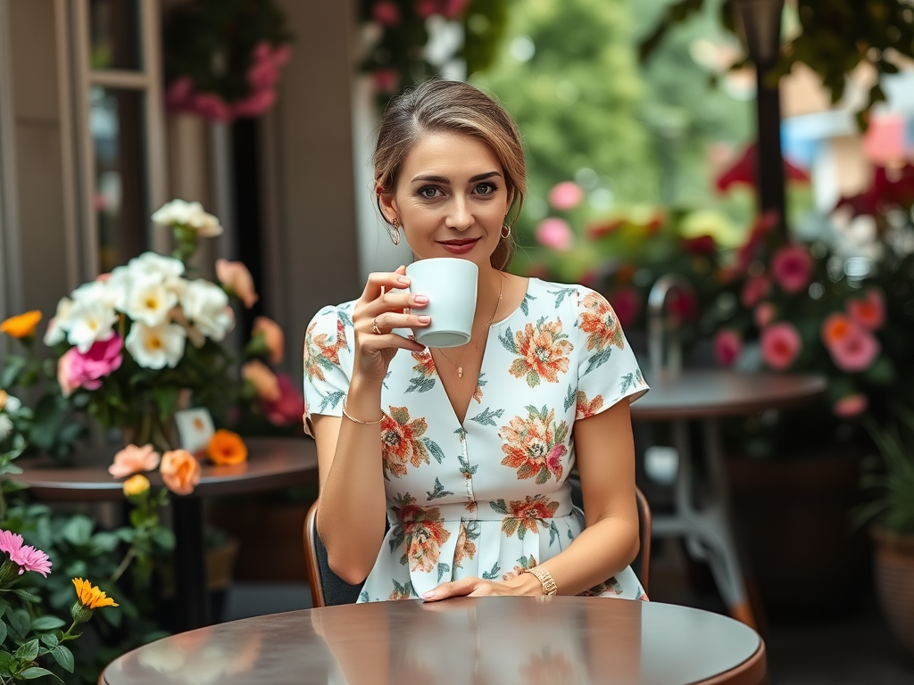 Une femme souriante, en robe à fleurs, tient une tasse de café entourée de fleurs colorées sur une terrasse.