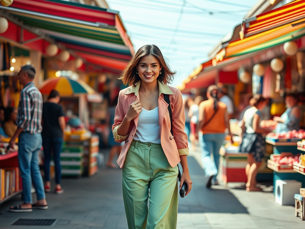 Une femme souriante se promène dans un marché animé, entourée de stands colorés et de visiteurs.