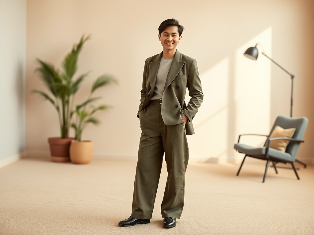 Un jeune homme souriant porte un costume olive, se tenant dans un espace lumineux avec des plantes en pot.